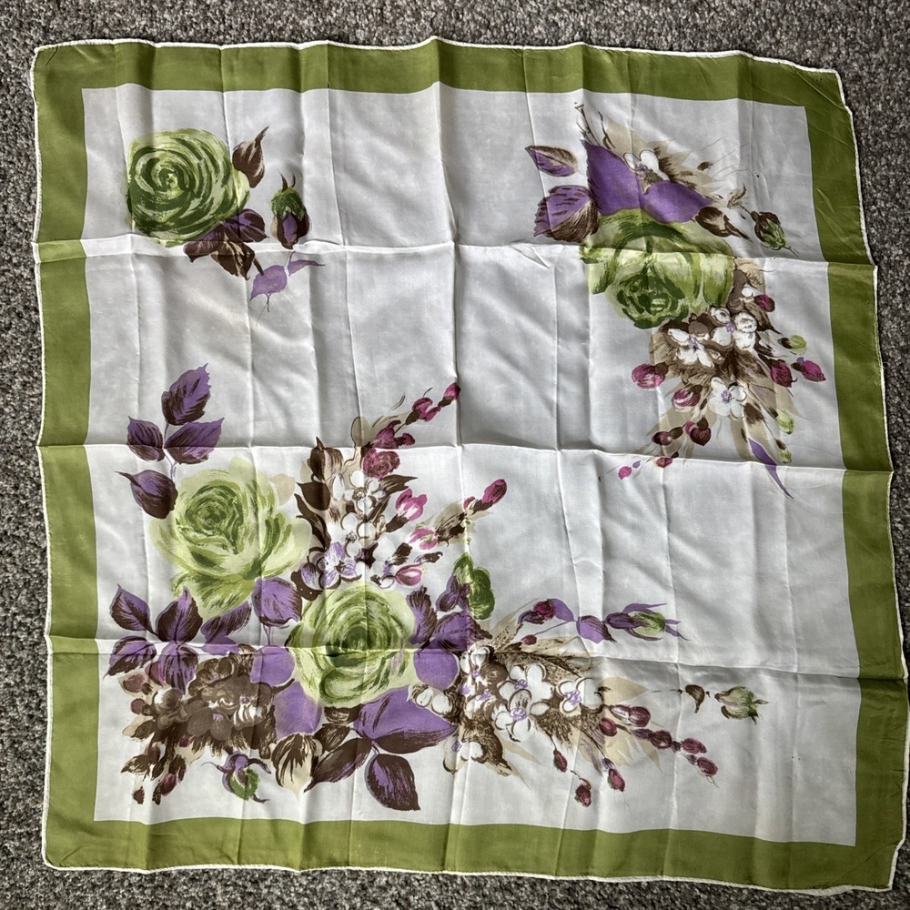 Vintage Green And Purple Floral Scarf 100% Rayon 28"x28"
